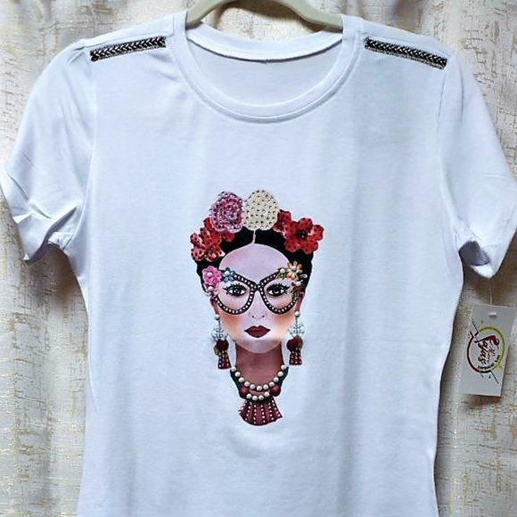 FRIDA Sublimated w/Rhinestone L, Bling Tee, Exclusive. Handmade. WHITE - Picture 5 of 7